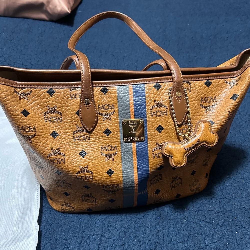 MCM Visetos Dog Bone Striped Shopper Tote Bag